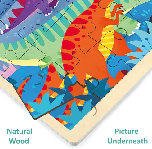 24 Piece Dinosaur Wooden Jigsaw Puzzle for 3 Year Old, Preschool Toddler Puzzles Ages 2-5 with Storage Tray