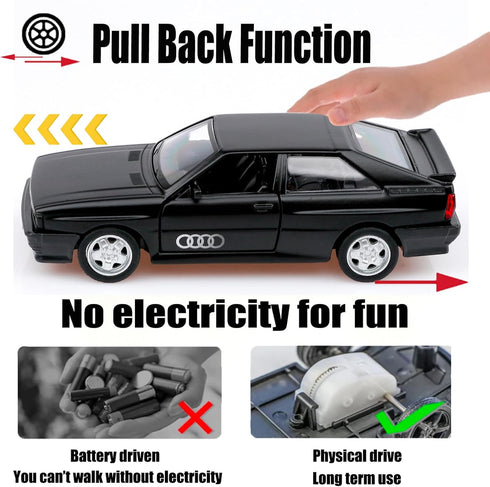 1/36 Scale 1980 Audi Sport Quattro Toy Car, Pull Back Diecast Model Cars, Gifts for Boys and Girls (Matte Black)