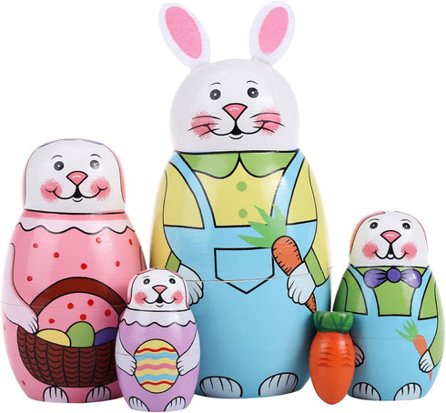 Yoption 5Pcs Russian Matryoshka Dolls, Handmade Wooden Rabbit Bunny Nesting Dolls Set for Kids Christmas Gift