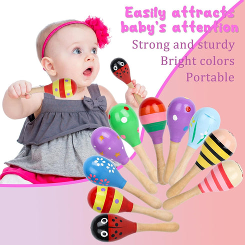 POPLAY 10PCS Mini Wooden Maracas, Musical Instruments for Toddlers, Baby Musical Toys, Infant Learning