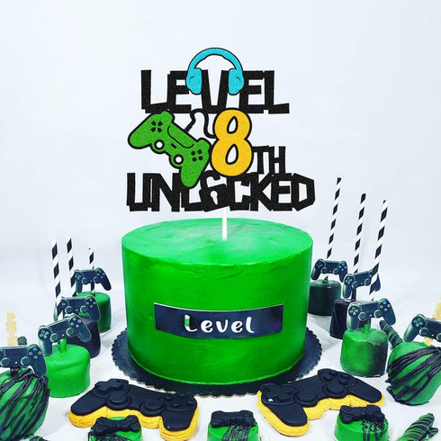 Happy 8th Birthday Cake Topper, Level 8 Unlocked for Boys, Video Game Controller Theme Party Supplies
