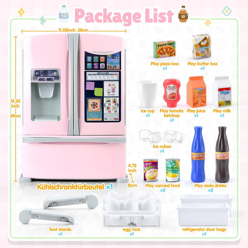 Set 3+, Refrigerator Toy Fridge with Ice Dispenser, Kids Pretend Play Kitchen Accessories with Toy Food Drink Bottles