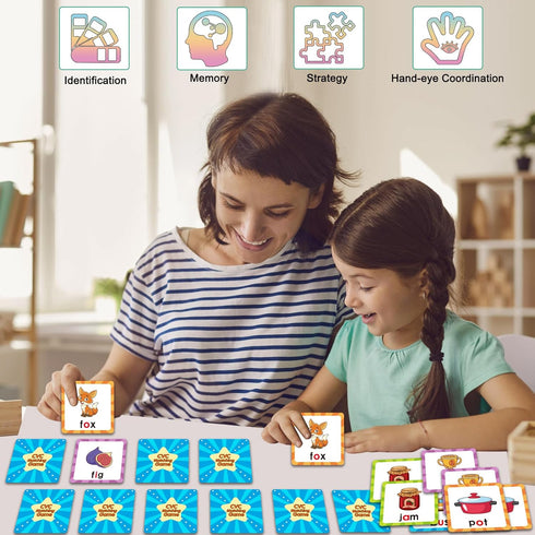 CVC Words Matching Game for Toddlers 3-5, Memory Games for Kids Ages 4-8, Phonics Card Game Flash Cards