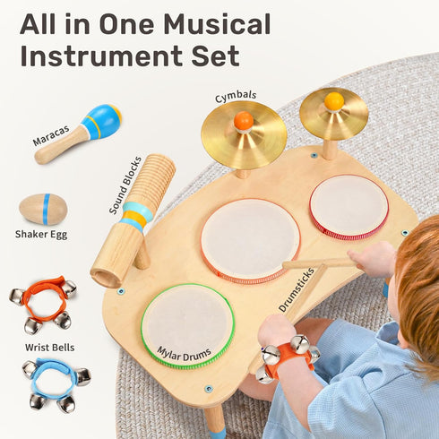 11-in-1 Set-Wooden 1-3, WINGYZ Toddler Drum Baby Musical Instruments & Montessori Musical Toys for Toddlers Music Table