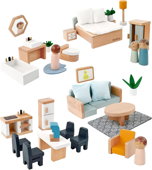 PairPear Wooden Toys Dollhouse Furniture Playset - 35 Piece Furnitures with Family Dolls, Doll House Accessories for