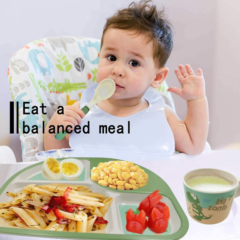 Toddler Plates and Bowls Set, Dinosaur Dinnerware Kids Feeding Set, Bamboo Plate Dishes with Utensils, Dishwasher Safe