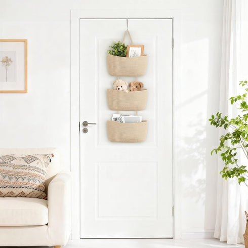 3-Tier Dahey Over The Door Hanging Basket Woven Boho Wall Mounted Storage Organizer with Hooks for Bedroom Nursery
