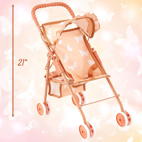My First Baby Doll Stroller for Toddlers - Folding Toy Stroller for Dolls with Storage Basket and Canopy