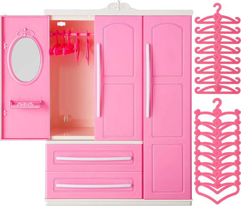 Doll Closet Furniture Wardrobe, Open Dollhouse Closet with 20 Pieces Doll Hangers, 2 Style Pink Plastic Hangers