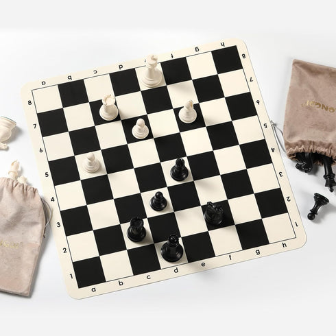 Tournament Portable Chess Set with 20" Silicone Board Mat, 4" King Plastic Weighted Pieces, 2 Extra Queens & Carrying