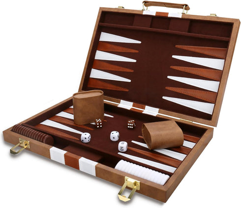 Backgammon Set - Classic Board Game with Premium Leather Case, Portable Travel Strategy Game Set (11inch, Khaki)