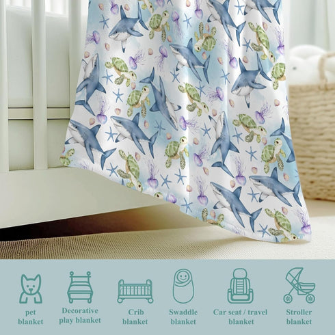 Wicbfdfv 30x40inch Cute Sea Turtle Shark Jellyfish Baby Boy Girl Starfish Conch Shells Blankets Sea Ocean Animal