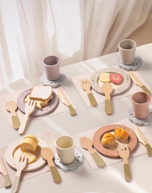 Set, 29PCS ROBOTIME Play Kitchen Dishes Wooden Toddler Plates and Dishes for Boys Girls Gifts