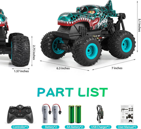 2.4Ghz 3 360 2 DYODYORC Remote Control Car, All Terrain Dinosaur Monster Truck Toys, RC Truck with Music, Lighting