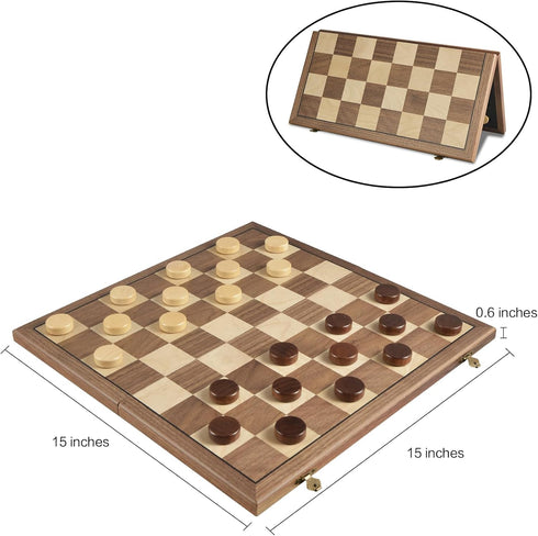 15" Set 8x8 24 OUMODA Walnut Magnetic Checkers Board Game - Folding Wooden Chessboard with Interlocking Pieces, Storage