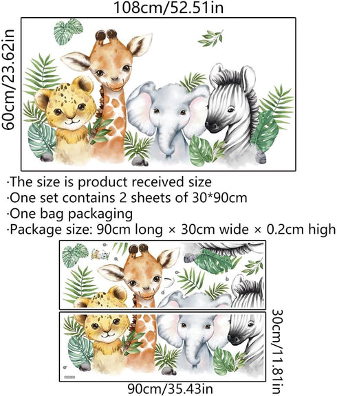 52.51x23.62 Inch Watercolor Jungle Animal Wall Decals Safari Forest Animal Wall Sticker Elephant Lion Monkey Decals