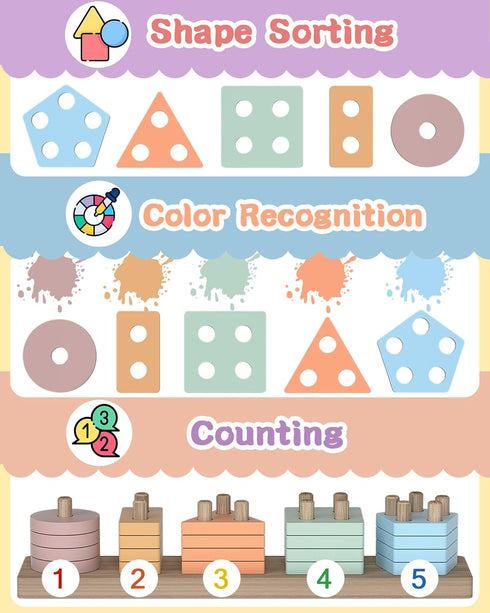 Montessori Toys for 1-3 Year Old Boys & Girls, Wooden Sorting & Stacking Puzzles for Toddlers Birthday Gifts
