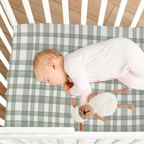 Vdsrup 39 27 5In Crib Sheets for Boys Girl Green Plaid Neutral Mini Crib Mattress Sheets Fitted, Watercolor Toddler