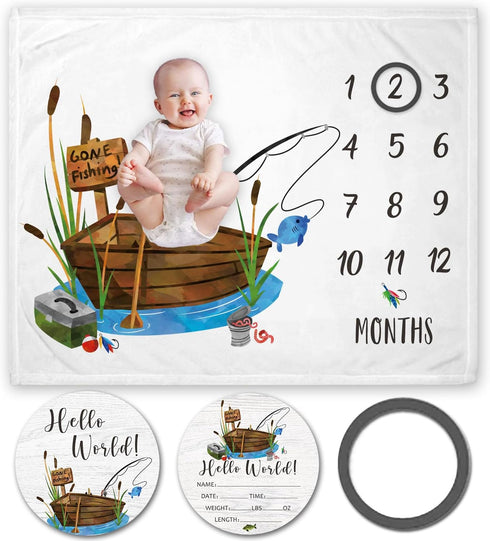 Fishing Baby Milestone Blanket with Birth Stat Sign, Monthly Growth Chart for New Moms Baby Shower