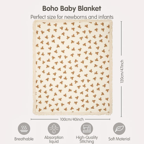 47" x40, insular Cotton Muslin Baby Blanket with Tassel, Boho Bohemian Muslin Swaddle Blanket Baby Receiving Blanket