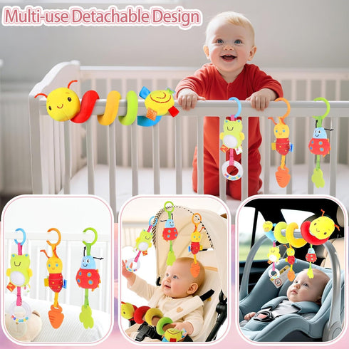 0-6 Car Seat Toys for Babies Months, Upgraded Spiral Hanging Crib Stroller Activity Toys with Detachable Rattles, Baby