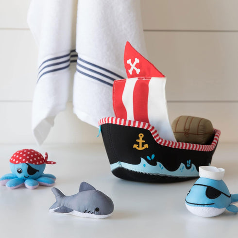 5 Manhattan Toy Neoprene Pirate Ship Piece Floating Spill n Fill Bath Toy with Quick Dry Sponges and Squirt Toy