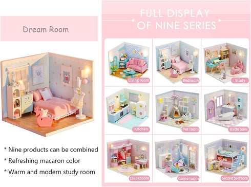 Kisoy Dollhouse Miniature with Furniture Kit, DIY 3D Wooden House Kit with Dust Cover & LED, Handmade Gift