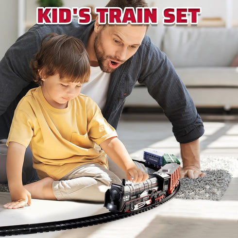 Set deAO Christmas Train Toys for Kids, Toy Train Track Locomotive Engine Battery Powered Railway Kits with Road Signs