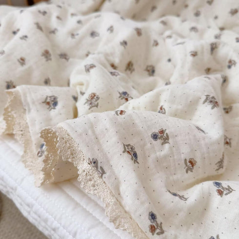 47x59 Inches BuLuTu Pansy Flower Pattern Toddler Quilt Crib Size, Muslin Cotton Kids Comforter with Lace Edges, Chic