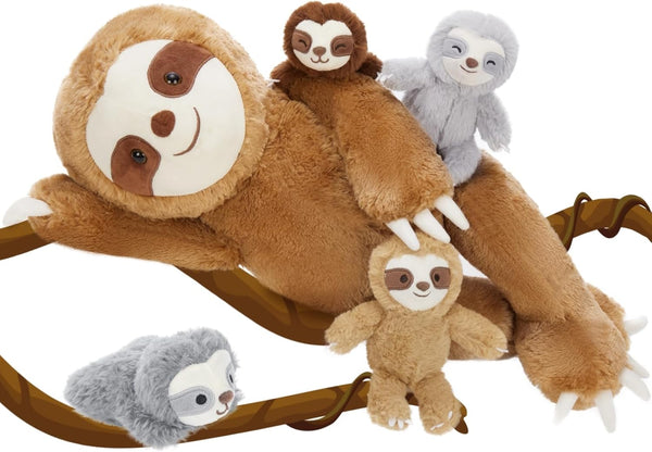 Tezituor Sloth Stuffed Animal with Babies - 5 Pcs Large Mommy Sloth with 4 Baby Plush Toys