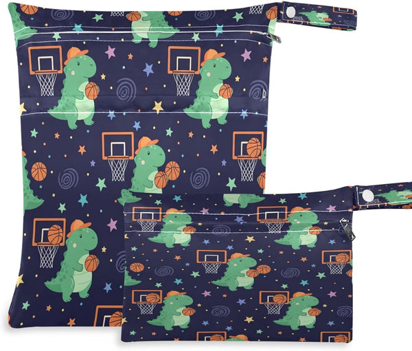 Burbuja Dinosaur Wet Dry Bags for Baby Cloth Diaper 2 Pack, Waterproof Reusable
