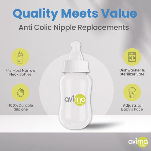 6 9+ 3 (Pack 6) Avima Baby Anti Colic Nipples for Standard Neck Bottles, Silicone Breast Like Nipples - to Months, Fast