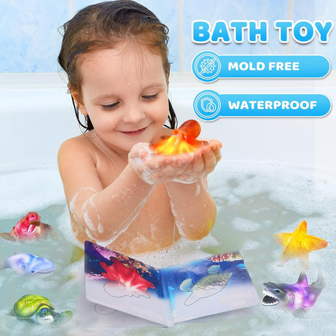 6 Pack Light Up Bath Toys & Magic Bath Book & Storage Bag for Toddler, No Hole Floating Ocean Animal with LED Flashing