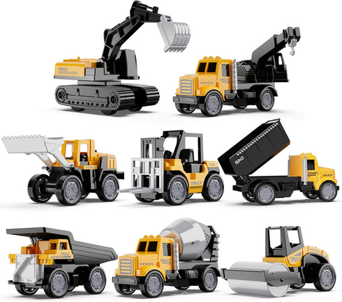 Alloy Mini Construction Vehicles, 8Pcs Die-cast Set, Excavators, Mixer Truck, Bulldozers, Pull Back Toys for Kids
