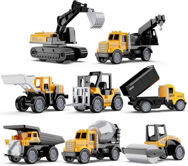 Alloy Mini Construction Vehicles, 8Pcs Die-cast Set, Excavators, Mixer Truck, Bulldozers, Pull Back Toys for Kids