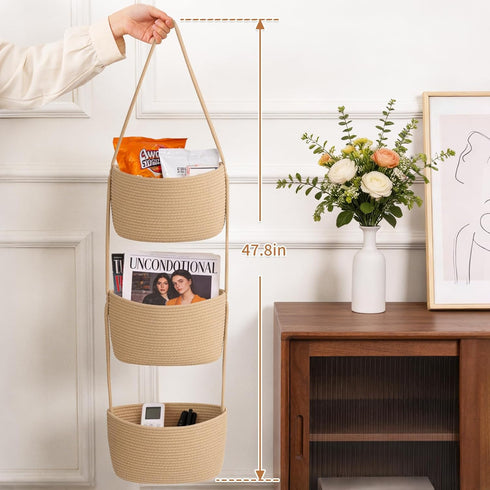 3-Tier Goodpick Hanging Basket Over the Door, Cotton Rope Wall basket, Hanging Nursery Decor for Organizing, Jute