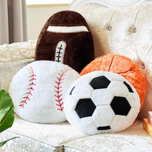 Fluffy Stuffed Sports Throw Pillows, 4 Pcs Soccer Ball, Basketball, Baseball, Football Plush Toy Cushions