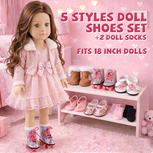 QSKJJI 18 inch 5 Shoes+2 18 Doll Accessories, Pairs of Doll Socks Doll Shoes Includes Snow Boots/Roller