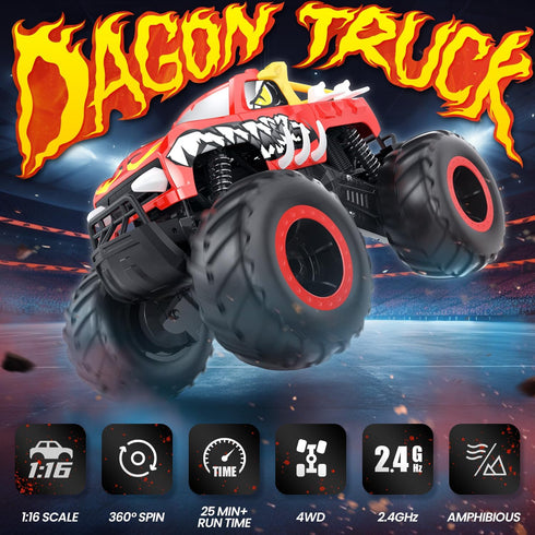 DEERC 1:16 Amphibious RC Monster Trucks, IPX7 Waterproof Remote Control Car, 4WD Dual Motors All Terrain Toys for Kids