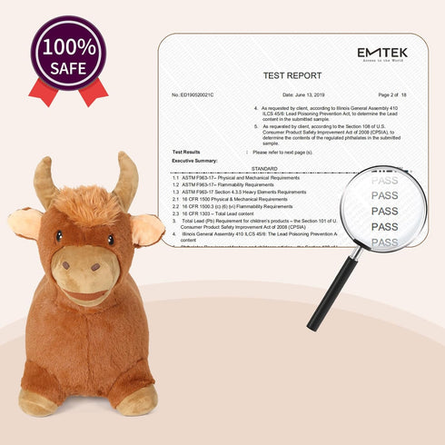 INPANY Bouncy Bull Hopping Toys, Brown Plush Highland Cow Hopper for Kids, Inflatable Farm Animal Bouncer for 2-4 Year