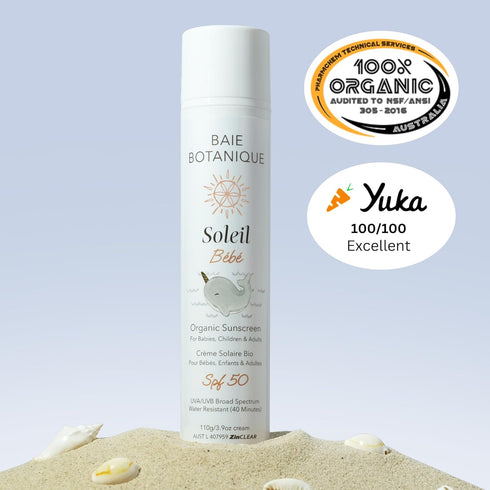 Baie Botanique Soleil Bébé - Organic Non-Toxic Mineral Baby Sunscreen SPF 50, Unscented, 110g