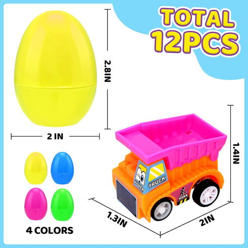 Giaueoa 12 Pcs Prefilled Easter Eggs with Pull-Back Engineering Vehicles Plastic Easter Eggs Filled Cars Toy for Easter