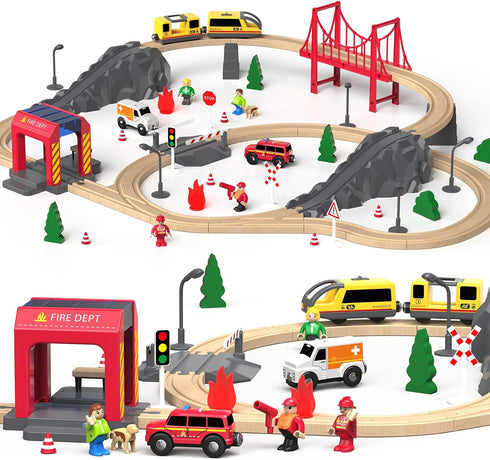 Giant Bean 72PCS Wooden Train Tracks & Trains, Gift Packed Railway Kits for Kids, Toddler Boys and Girls 3 Years+