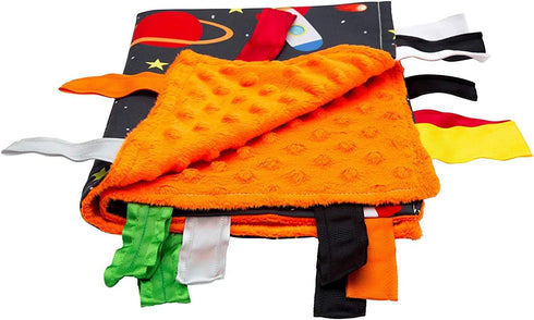 Baby Sensory Security & Teething Closed Ribbon Tag Lovey Blanket with Minky Dot Fabric, 14X18 (Outer Space)