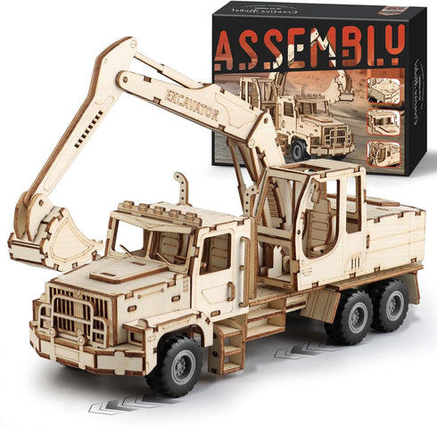 MOCBURIKU 3D Wooden Puzzle for Adults, Excavator Wooden Mechanical Model Car Kits to
