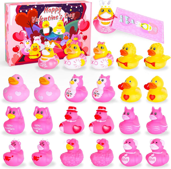 24 PCS Pink Rubber Ducks with Cards and Bands - Bulk Mini