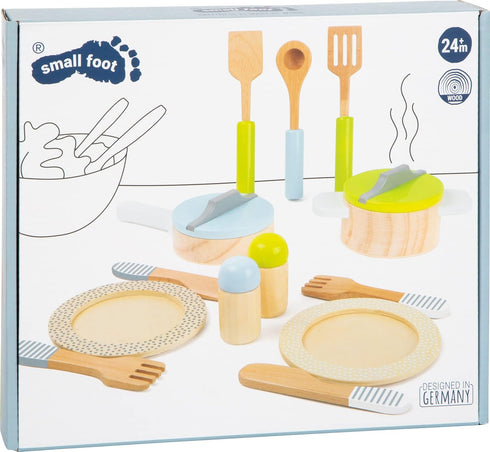 15 Playset- Set 2+, (11098) small foot wooden toys- Premium Piece Kitchen Cooking and Dining Includes Pots, Plates