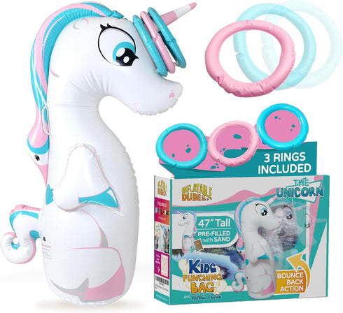 Unicorn 47 Inches Kids Punching Bag, Filled with Sand, Party Bop Bag, Ring Toss with 3 Inflatable Rings