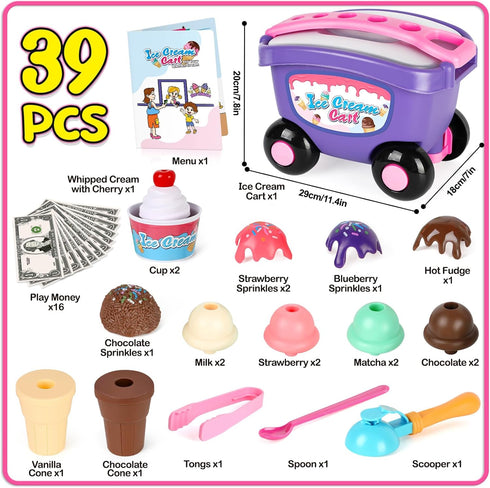 Counter Set 3 4 5 6 Torlam Ice Cream Cart for Kids Toys, Pretend Play Food Toys Ice Cream Shop Play Scoop and Cone