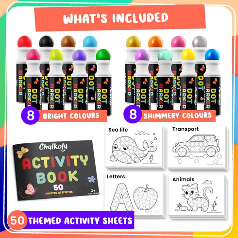 16 50 Set 1, 2, 3, 4 5 Chalkola Washable Dot Markers for Toddlers | w/ Page Coloring Activity Book Kit, Bingo Daubers |